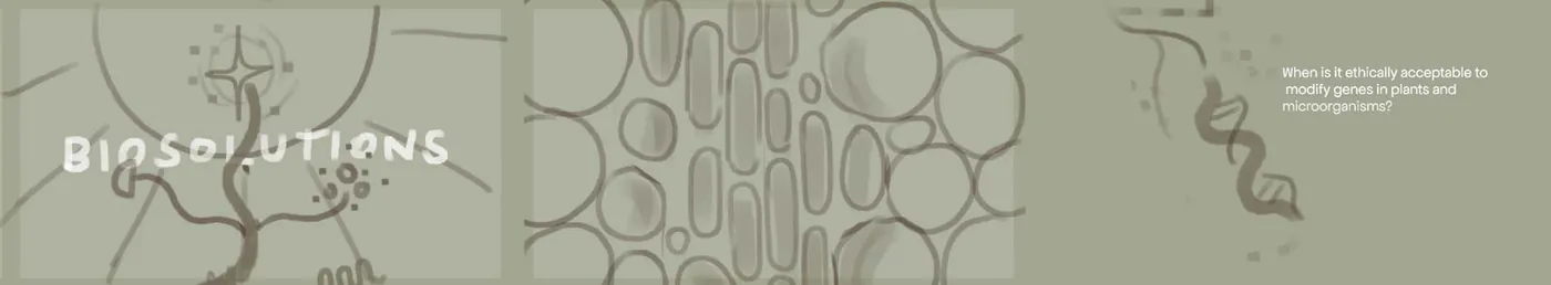 Storyboard sketches: the Biosolutions title, cells and a strand of DNA