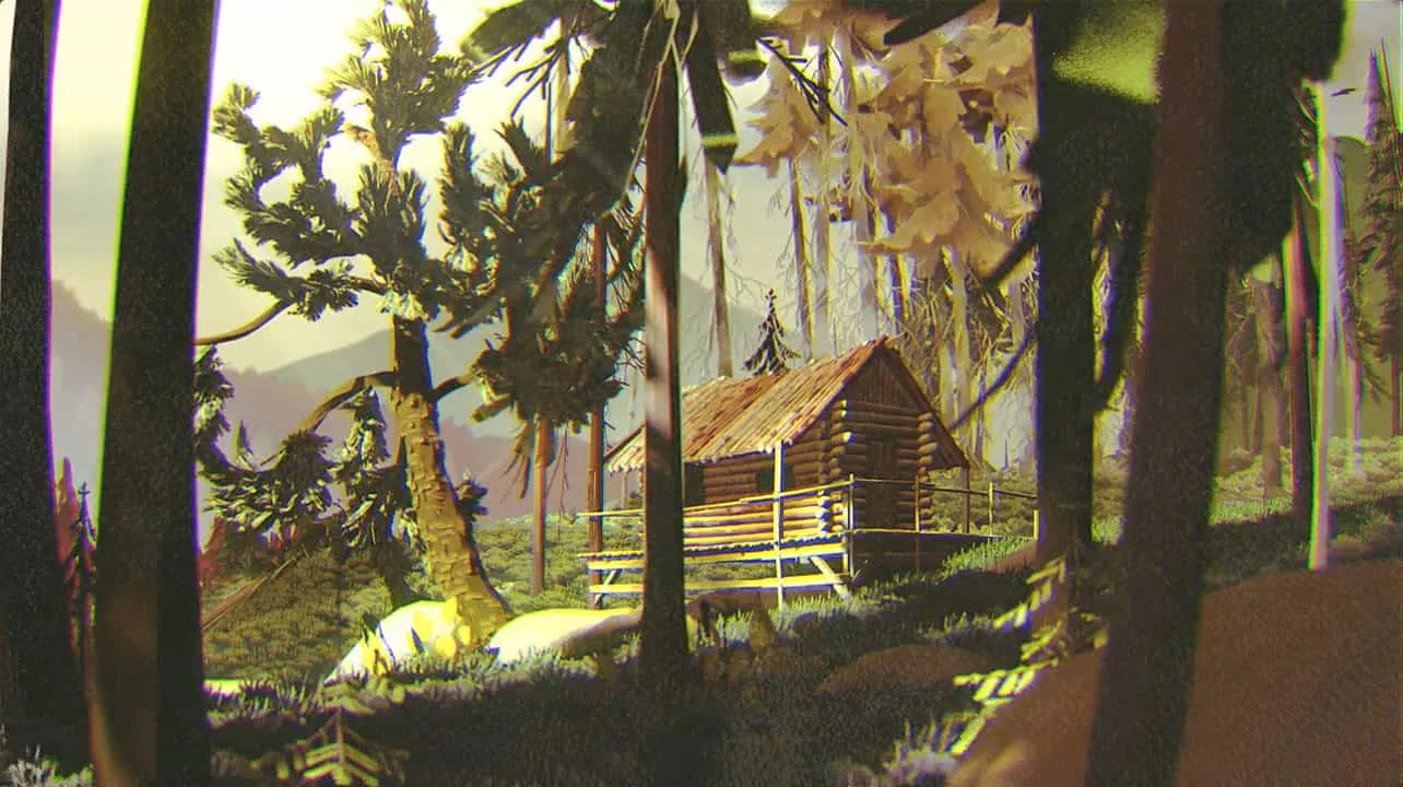 The Cabin: a log cabin in a sunlit forest