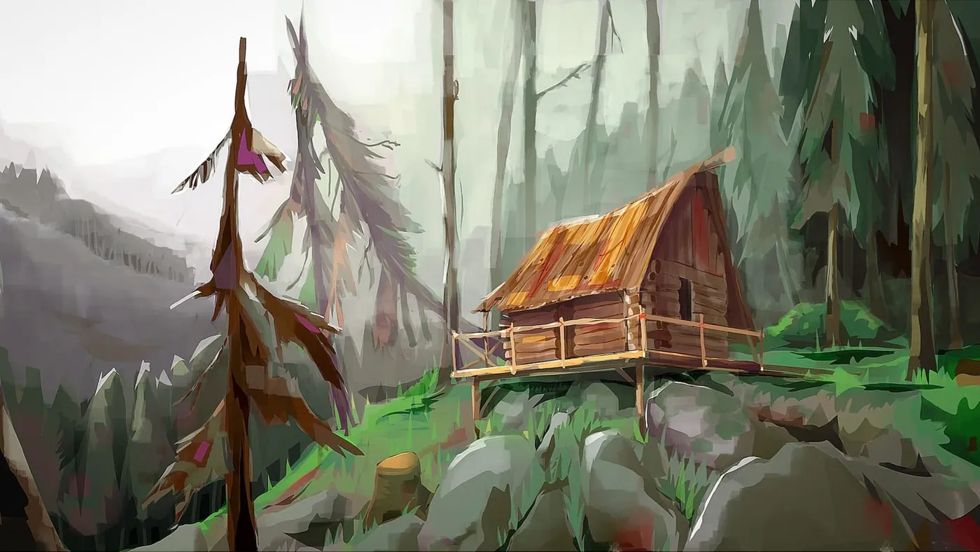 The Cabin, on a rocky hillside, digital painting