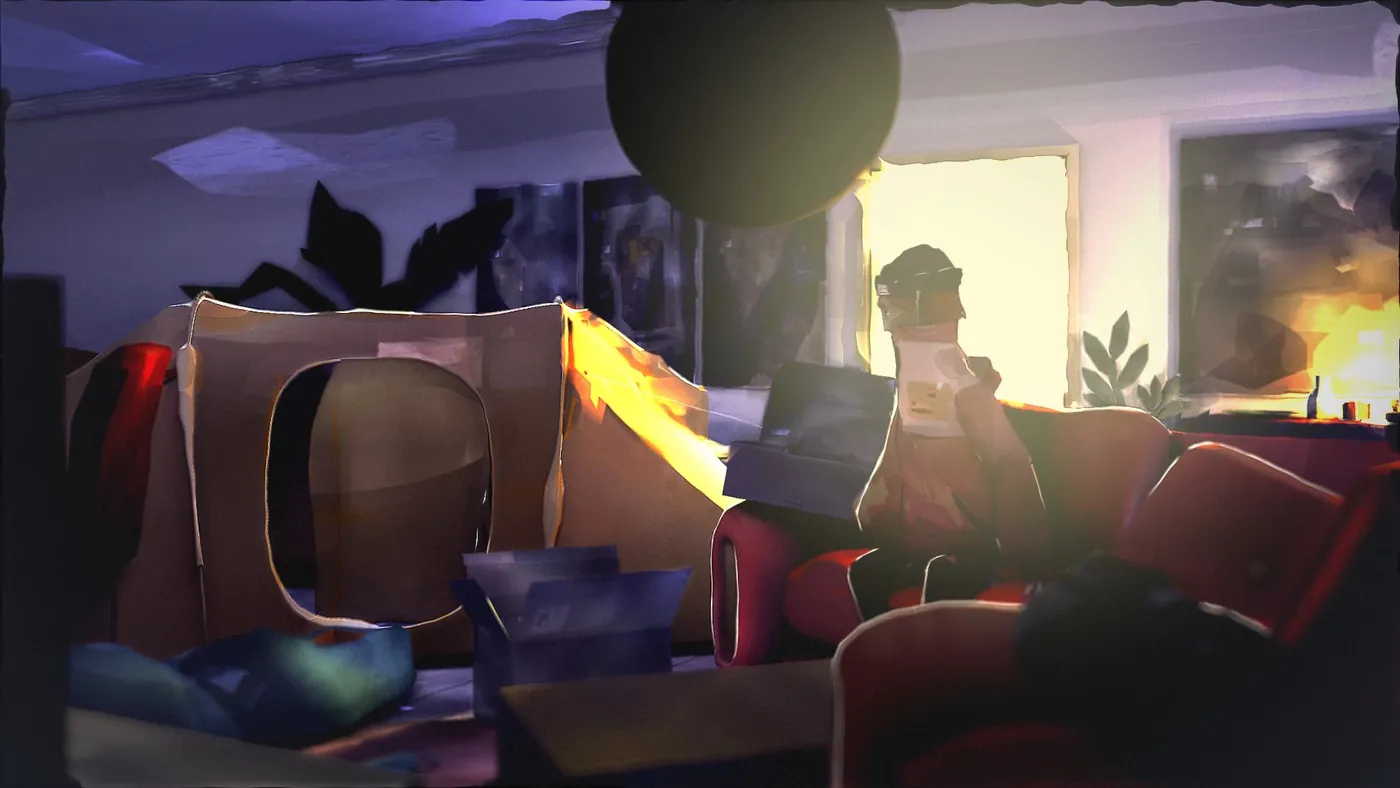 Animation test: a figure in a cluttered living room, loop