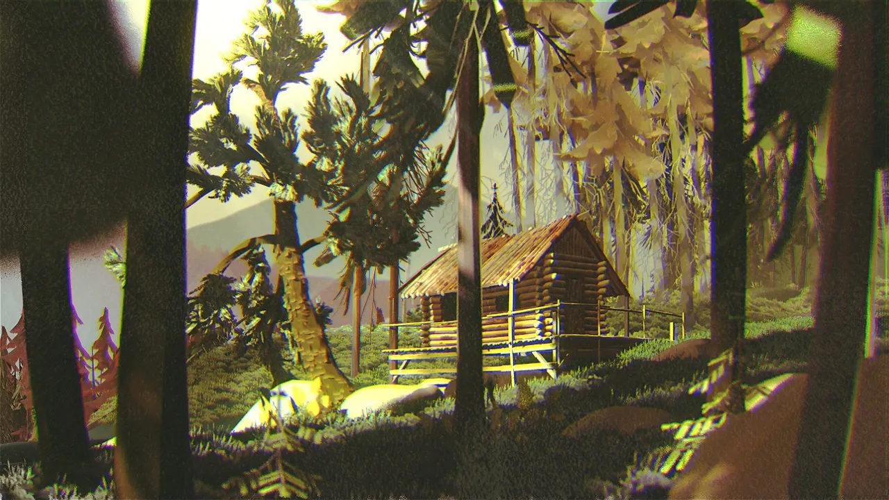 The Cabin: a log cabin in a sunlit forest